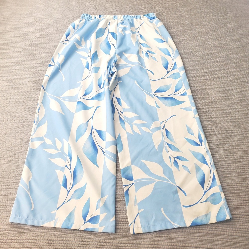 Unbranded Wide Leg Pants Womens XL Blue White Leaf Print Elastic Waist Flowy
